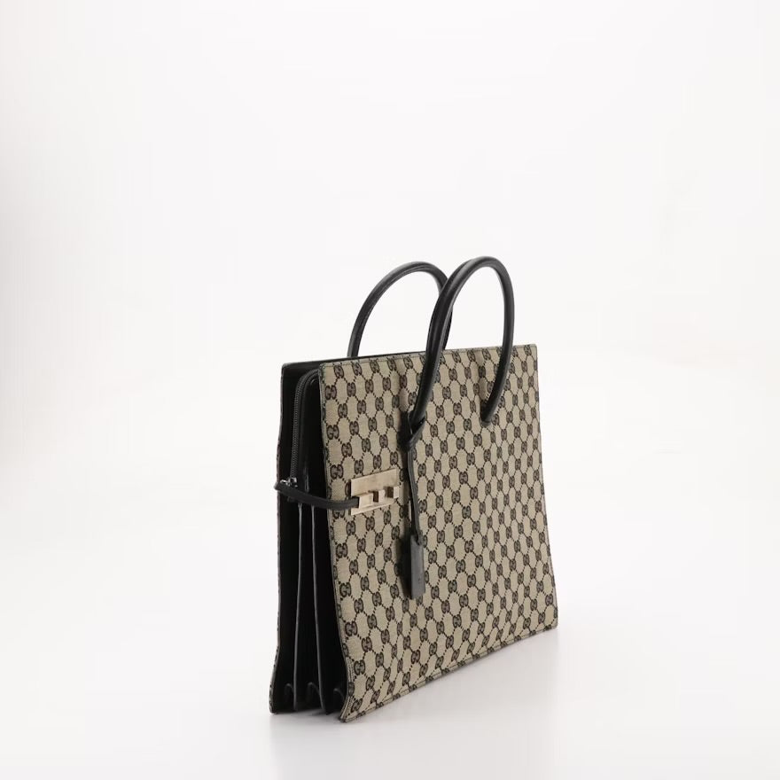 Gucci Top Handle Business Bag Tote in Dark GG Canvas and Leather Trim