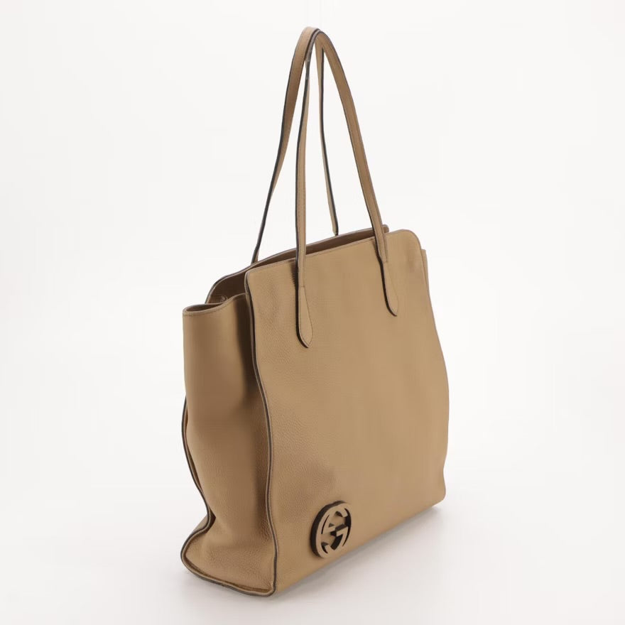 Gucci Brown Calfskin Leather Large Vertical Tote with Interlocking GG