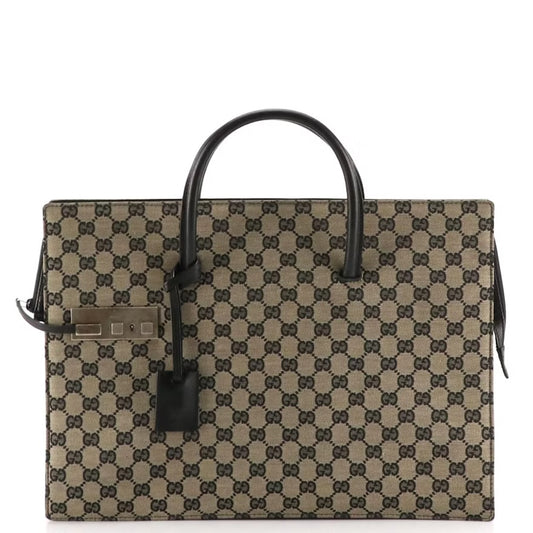 Gucci Top Handle Business Bag Tote in Dark GG Canvas and Leather Trim