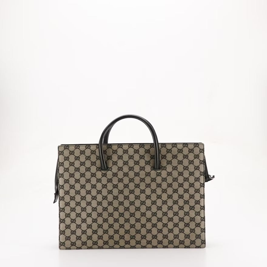 Gucci Top Handle Business Bag Tote in Dark GG Canvas and Leather Trim
