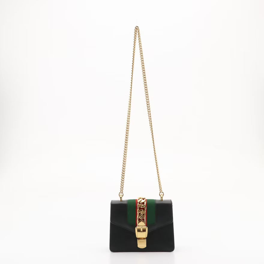 Gucci Sylvie Chain Link Crossbody Bag in Black Calfskin Leather with Web Detail