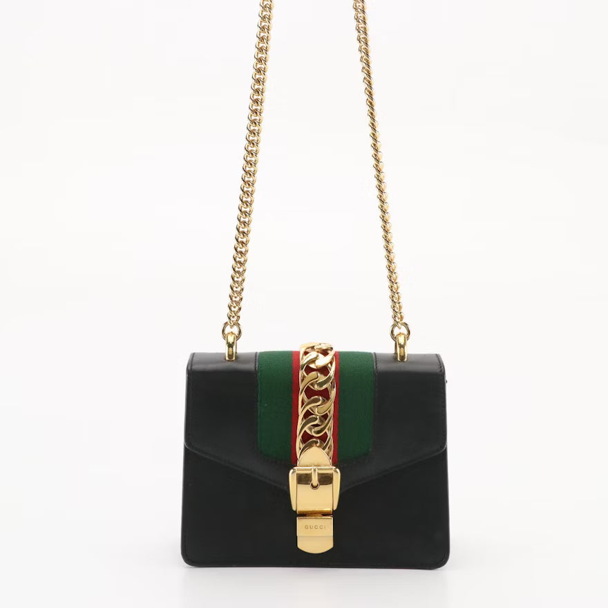 Gucci Sylvie Chain Link Crossbody Bag in Black Calfskin Leather with Web Detail